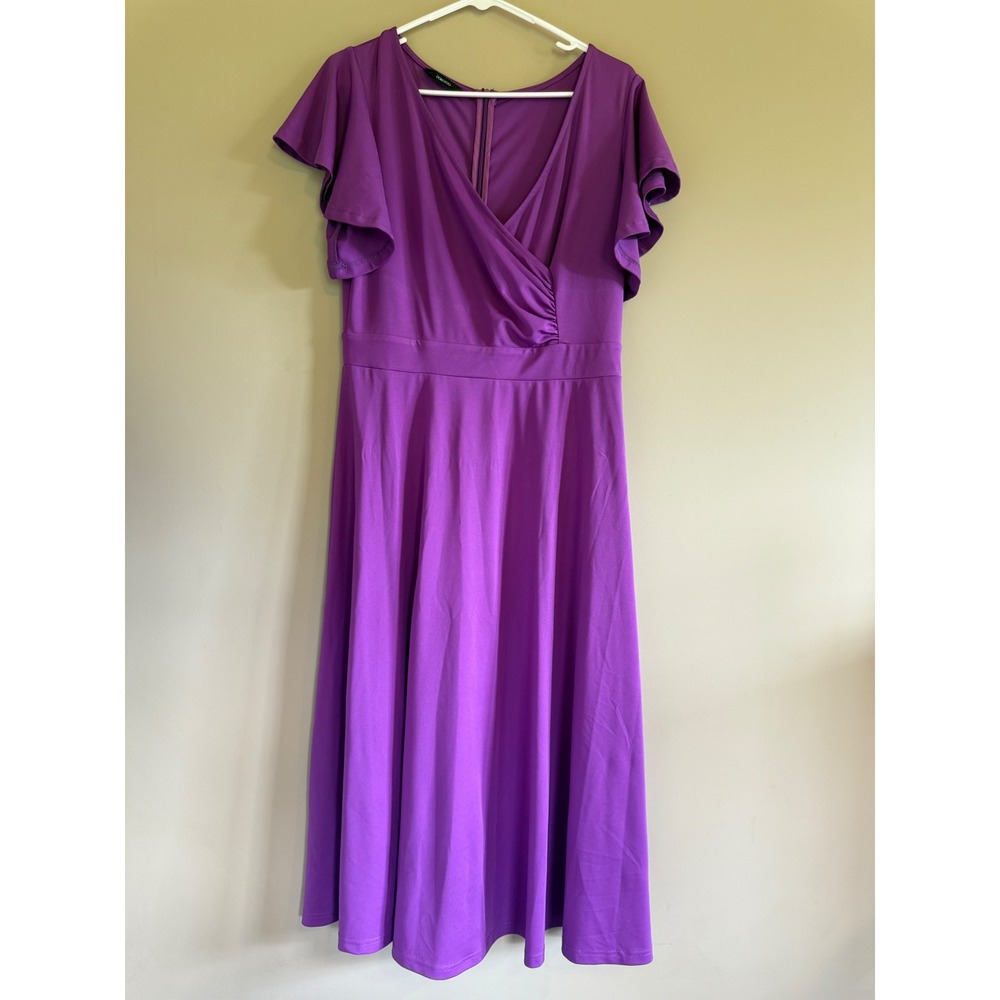 Dokotoo‎ Purple Flutter Sleeve Wrap V-Neck Midi A-Line Dress Large